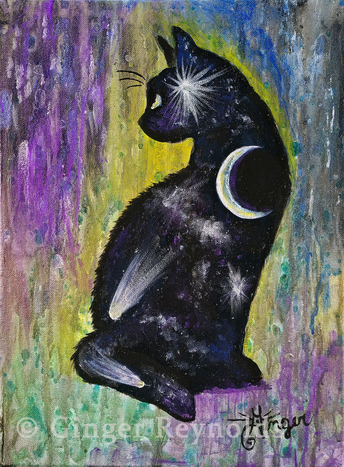 Lunar Gaze – Original Black Cat Painting with Crescent Moon | Mystical Cosmic Cat Art on Canvas