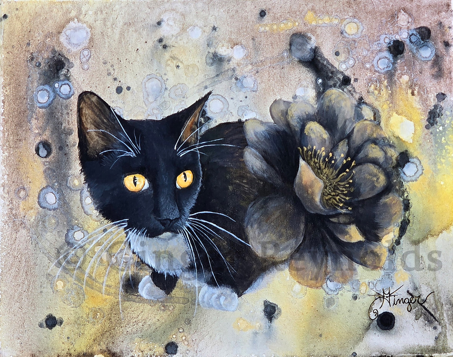 Midnight Bloom – Original Tuxedo Cat Print with Black Rose | Whimsical Cat Art for Home Decor