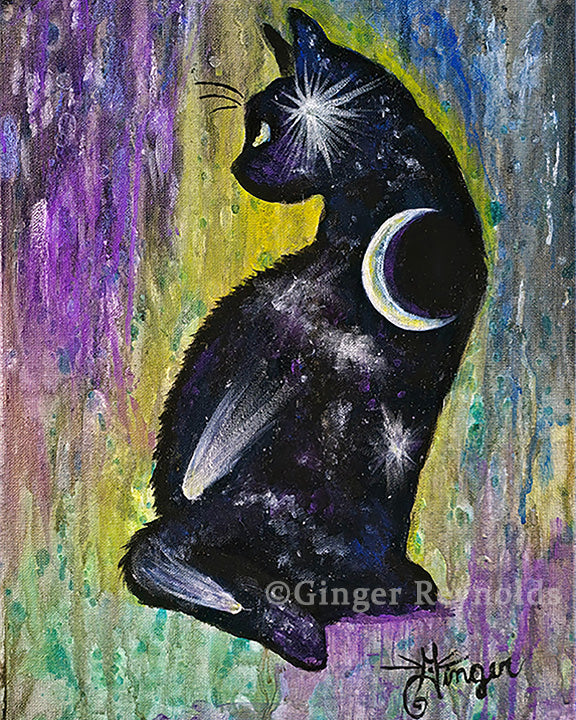 Lunar Gaze –Black Cat Art Print with Crescent Moon | Mystical Cosmic Cat Art on Canvas