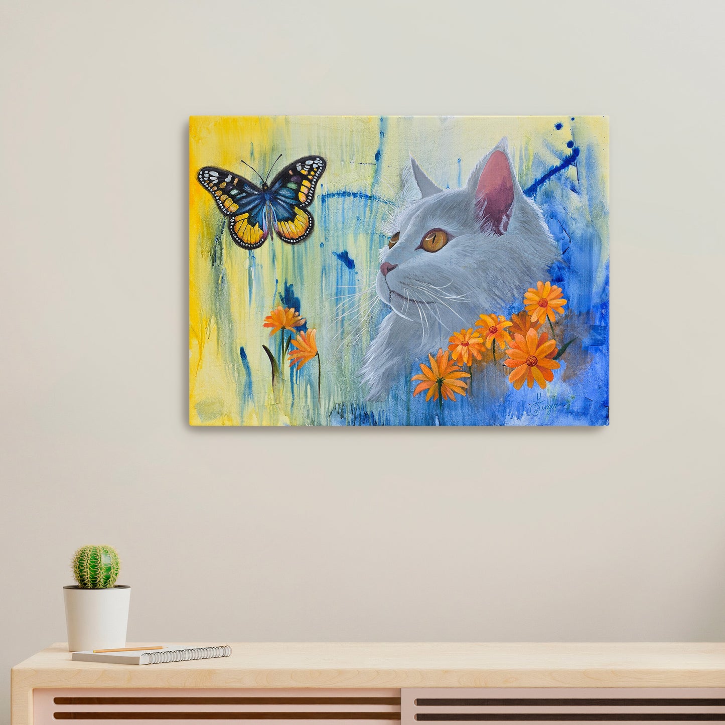 Serenity in Bloom – White Cat and Butterfly Art Print | Whimsical Floral Wall Décor
