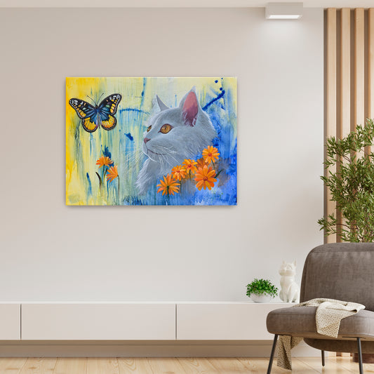 Serenity in Bloom – White Cat and Butterfly Art Print | Whimsical Floral Wall Décor