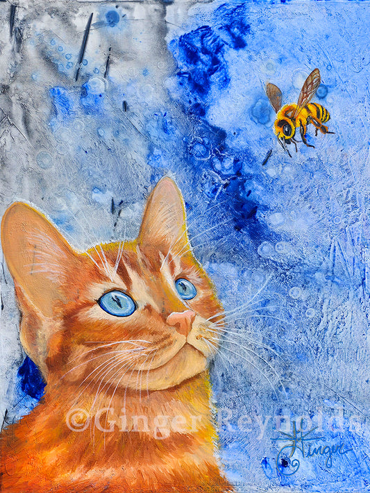 Bring whimsy to your walls with Bee Curious – a framed cat and bee painting print. Perfect nature-inspired home décor.