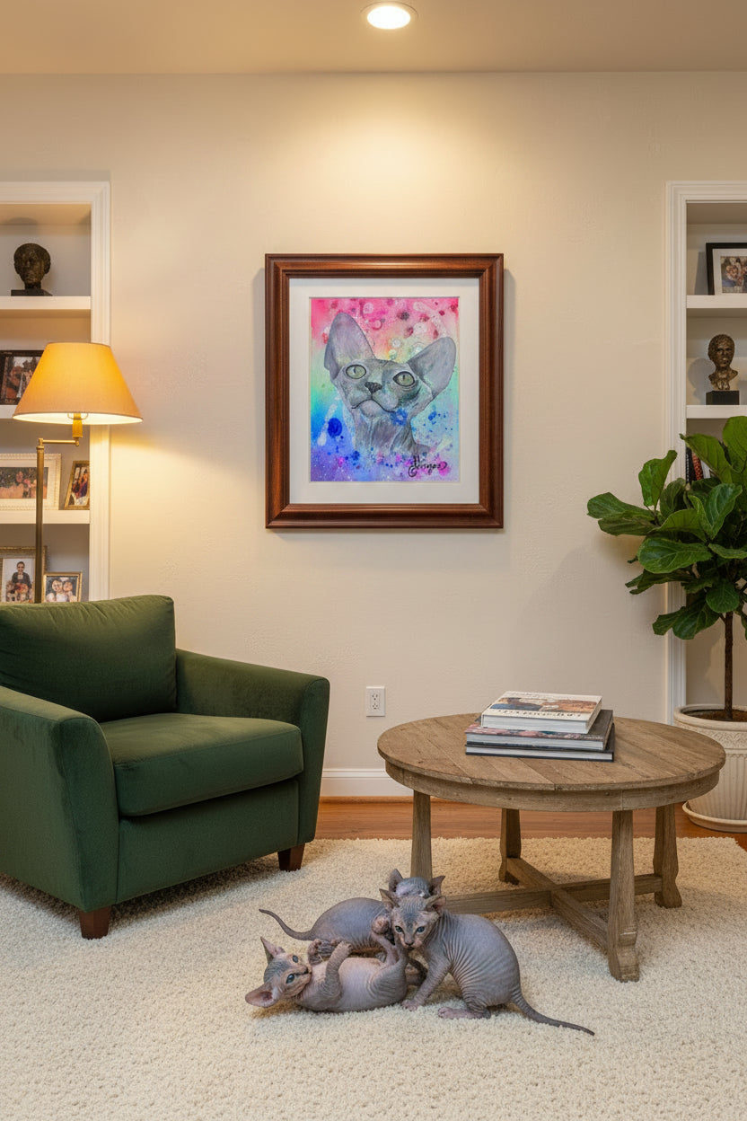 A colorful painted portrait of a gray spynx cat with large ears and green eyes, set against a vivid colorful background blending pink, blue, and green, with an artist signature in the lower right.