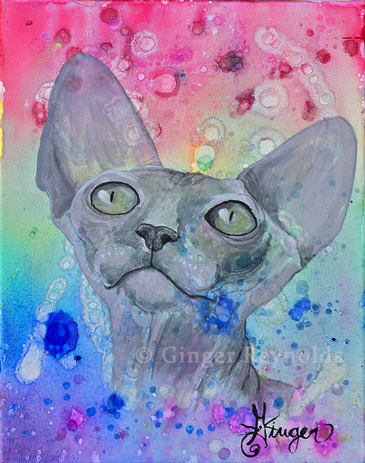 Color Me Curious – Whimsical Sphynx Cat Art on Vibrant Abstract Background | Original Cat Painting by Ginger Reynolds