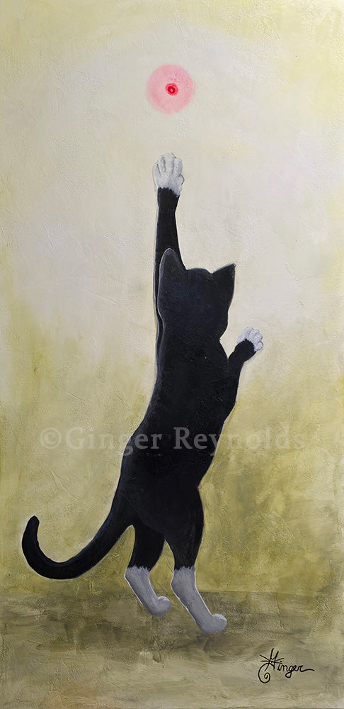 Tuxedo Cat Art Print | Tuxedo Cat Chasing Laser Pointer | Whimsical Black and White Cat Wall Decor