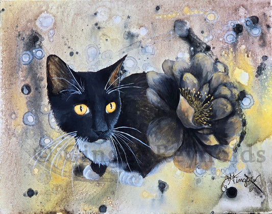 Midnight Bloom – Original Tuxedo Cat Print with Black Rose | Whimsical Cat Art for Home Decor