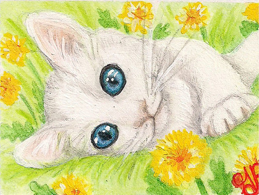 Kitten and Dandelions Art Print – Cute White Cat with Blue Eyes in Flowers Wall Decor