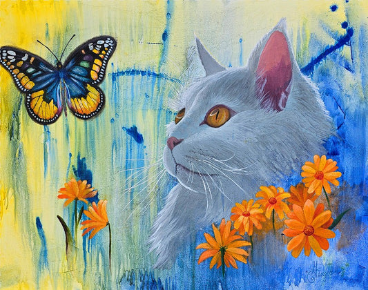 Serenity in Bloom – White Cat and Butterfly Art Print | Whimsical Floral Wall Décor