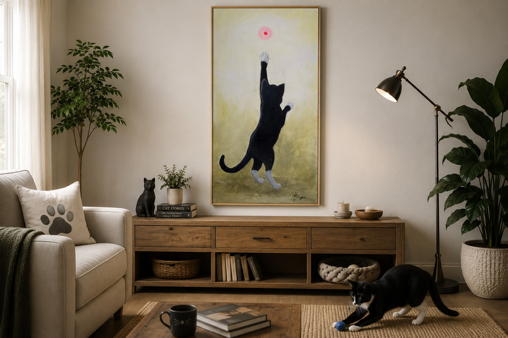 Tuxedo Cat Art Print | Tuxedo Cat Chasing Laser Pointer | Whimsical Black and White Cat Wall Decor