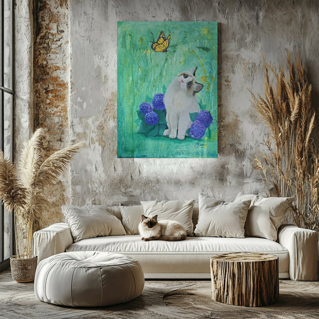 Ragdoll Cat Painting and Butterfly Painting – Whimsical Cat and Nature-Inspired Original Wall Art by Artist Ginger Reynolds