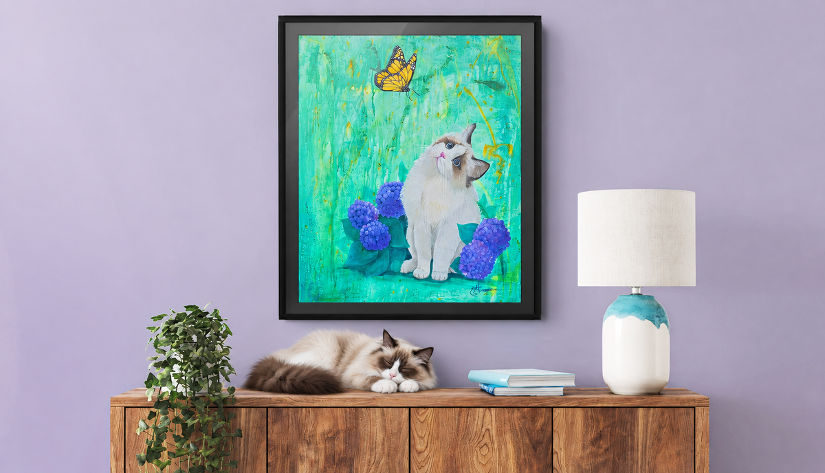 Ragdoll Cat Painting and Butterfly Painting – Whimsical Cat and Nature-Inspired Original Wall Art by Artist Ginger Reynolds